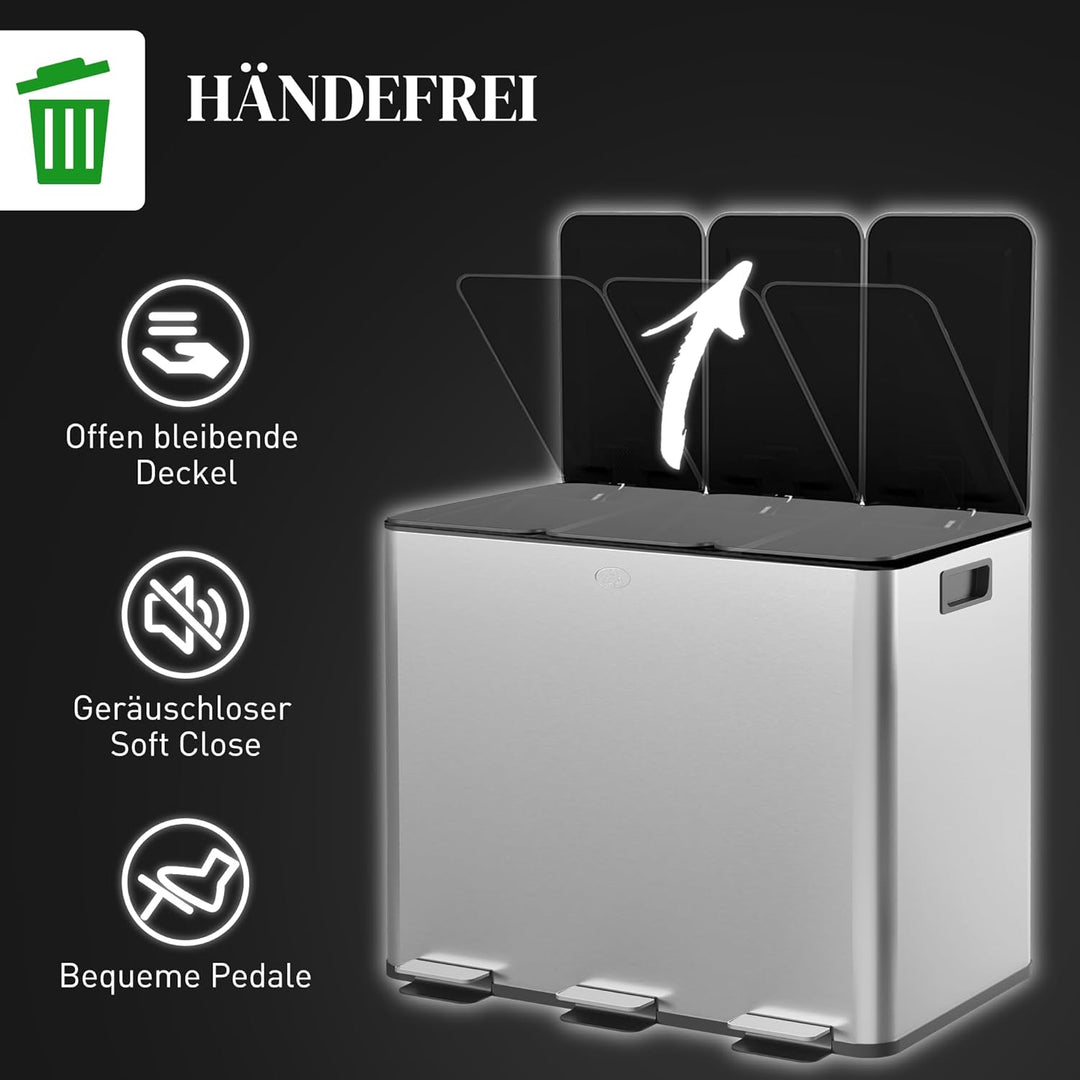 HOMCOM Mülleimer Küche 3 x 20 L Treteimer mit Softclose-Deckel und Pedal Mülltrennsystem 3 Fächer in