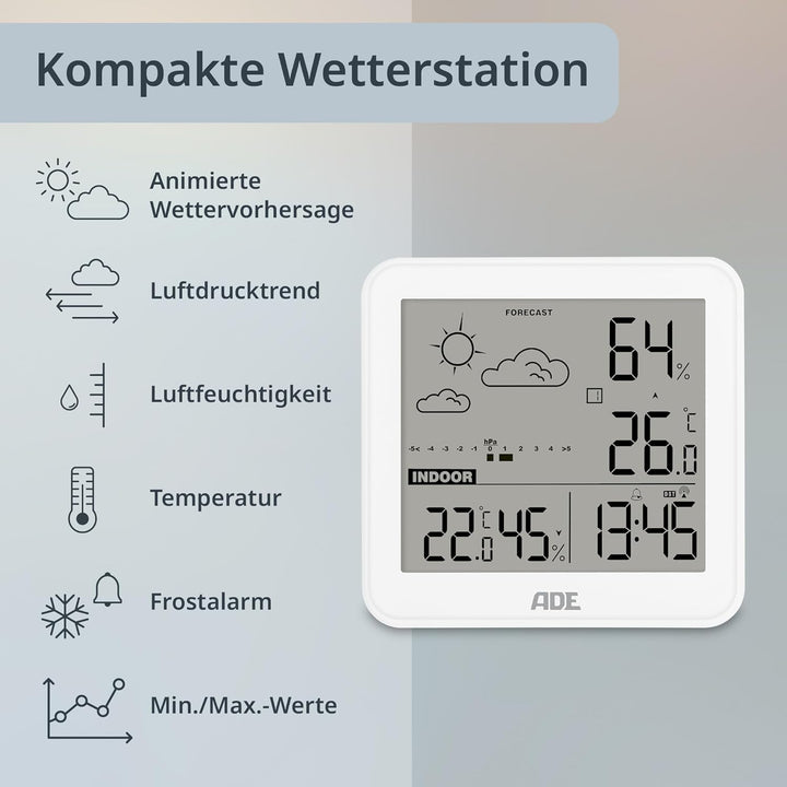 ADE Kleine digitale Wetterstation funk mit Aussensensor und Wettervorhersage | Innen- und Aussentemp