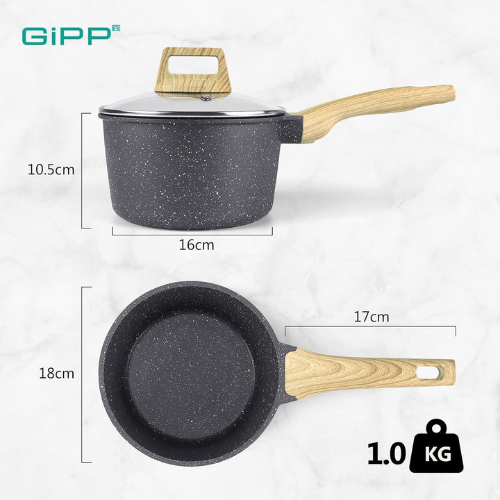 GiPP Kasserolle mit Deckel 18cm Kleiner, Topf Induktion Stielkasserolle, Granit-Antihaftbeschichtete