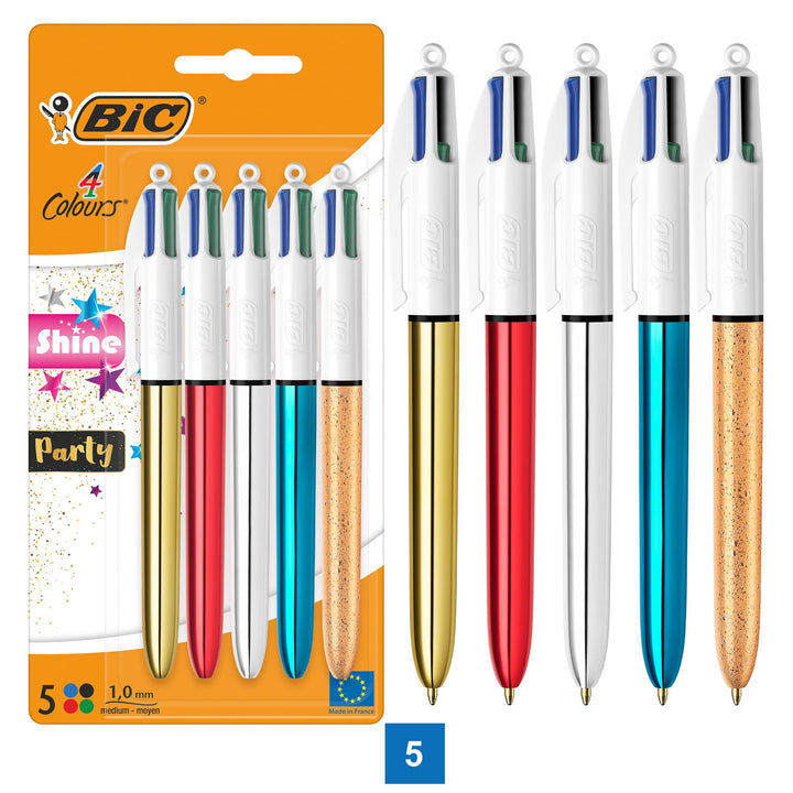 BIC 4 Farben Kugelschreiber Set 4 Colours Shine, in verschiedenen Farben, 5er Pack, Ideal für das Bü