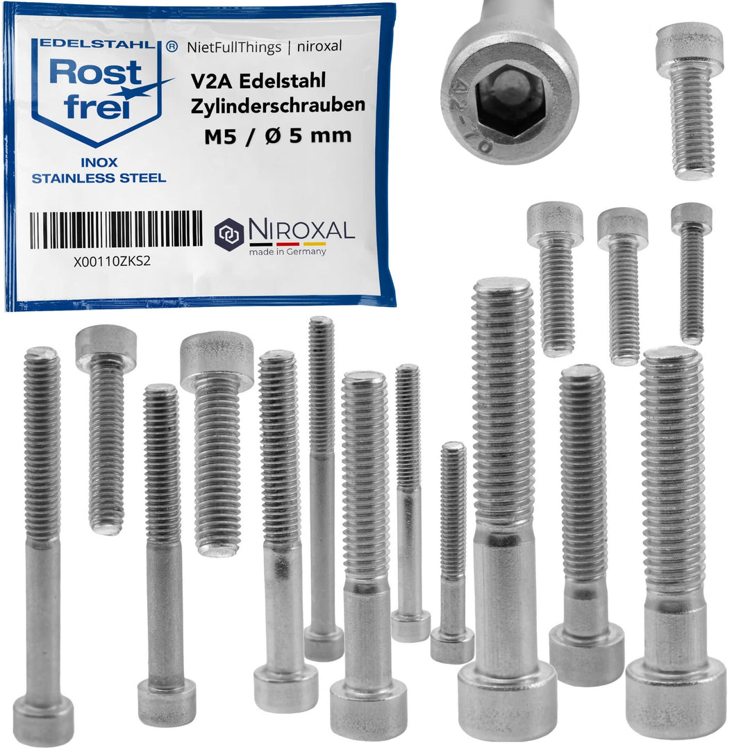 Edelstahl Zylinderkopfschraube rostfrei V2A M5 (=5 mm) 25-mm Schrauben-Länge 400 Stück 25-mm Voll-Ge