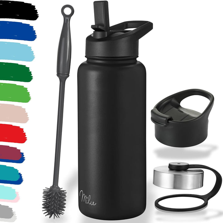 Milu Edelstahl Trinkflasche 500ml, 750ml, 1000ml (+3 Deckel) - Thermosflasche mit Strohhalm, Isolier