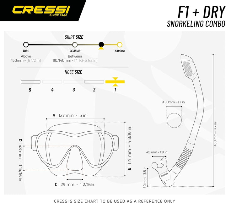 Cressi F1 - Rahmenlose Maske oder Rahmenlose Maske + Schnorchel Dry Combo Set zum Tauchen und Schnor