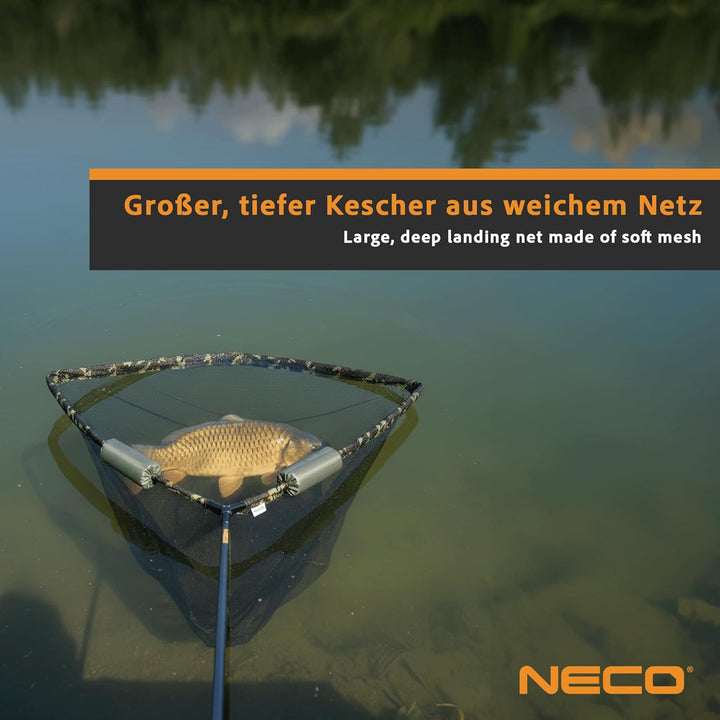 NECO Karpfenkescher 100×100 cm – Grosser Angelkescher 2,80 m Carbon, Faltbar – Tiefe 127 cm, Metallk