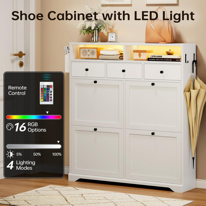 Dripex Schuhschrank schmal 4 Klappen und 3 Stoffschubladen, Schuhkipper mit LED, Verstellbare Trennw
