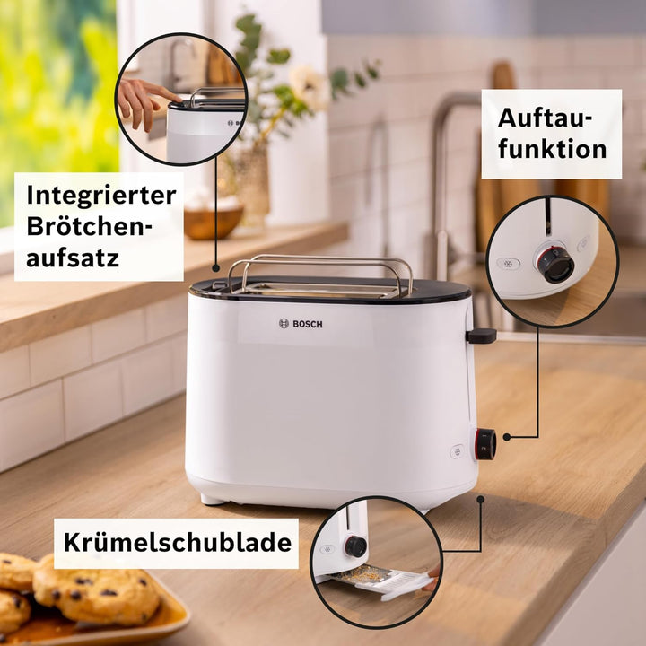 Bosch Kompakt Toaster MyMoment TAT2M121, integrierter Brötchenaufsatz, mit Auftaufunktion, mit Absch