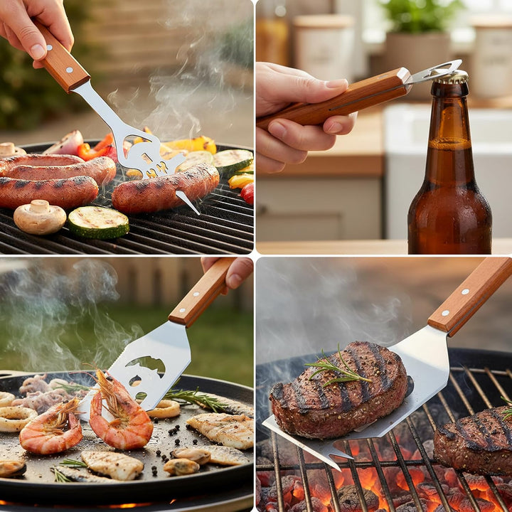 7 in 1 Multifunktion Grillbesteck Set, 2 Stück Edelstahl Grillspachtel für Barbecue Grill mit Holzgr