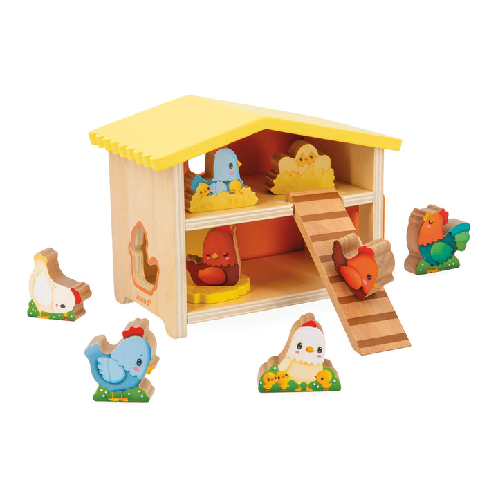Janod First J03311 Kinderspielzeug, 1 Hühnerstall + 9 Hühner + 1 Leiter, FSC-Holzspiel, entwickelt G