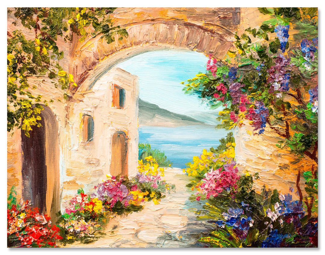 wandmotiv24 Leinwandbild Malerei, 80x60cm, Querformat, Gasse, mediterran, Meer, Deko, Bilder auf Lei