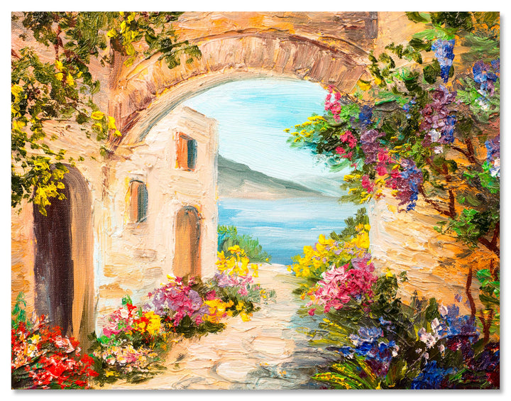 wandmotiv24 Leinwandbild Malerei, 80x60cm, Querformat, Gasse, mediterran, Meer, Deko, Bilder auf Lei