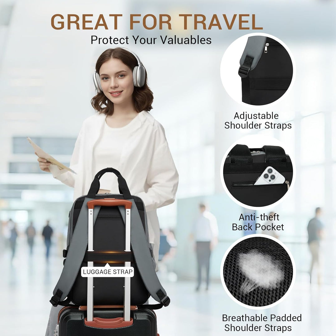 KONO Rucksack Damen 15,6 Zoll Laptop Rucksack, Geräumiger Wasserabweisender Schulrucksack mit Flasch