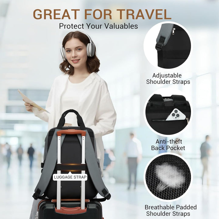 KONO Rucksack Damen 15,6 Zoll Laptop Rucksack, Geräumiger Wasserabweisender Schulrucksack mit Flasch