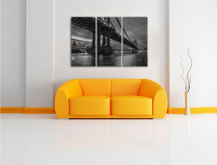 Pixxprint Manhatten Brücke New York Kunst als Leinwandbild | Grösse: 3 Teilig (120x80) | Wandbild| K