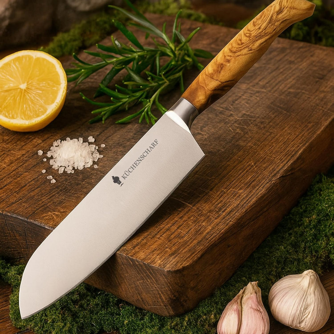 Profi Santoku Küchenmesser 16 cm mit Olivenholzgriff - Ergonomisches Kochmesser aus 100% Edelstahl f