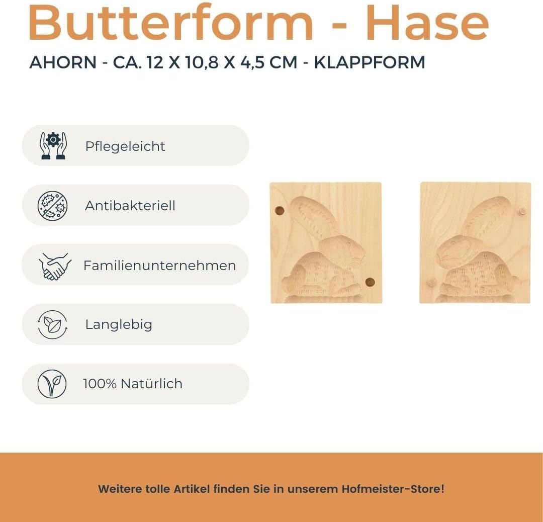 Hofmeister Holzwaren Butter-Klappform, 2-teilig, Hase, 12 cm, handgeschnitzt in Deutschland, Butterf