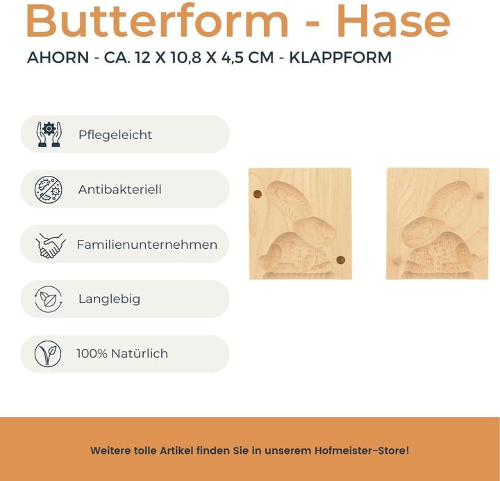 Hofmeister Holzwaren Butter-Klappform, 2-teilig, Hase, 12 cm, handgeschnitzt in Deutschland, Butterf