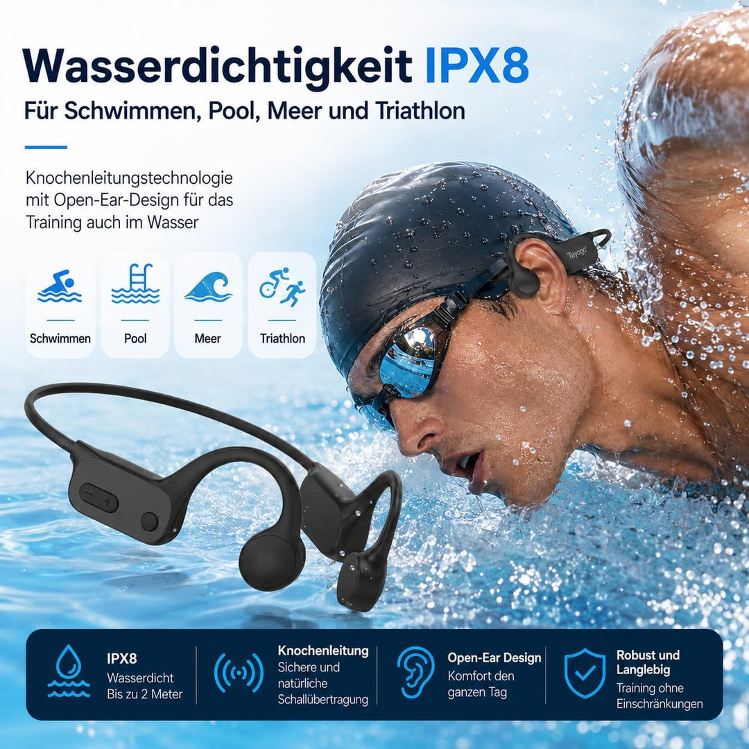 Tayogo Schwimmen Kopfhörer, Knochenschall Kopfhörer Eingebaute 32GB Speicher, MP3 Sport Kopfhörer Bl