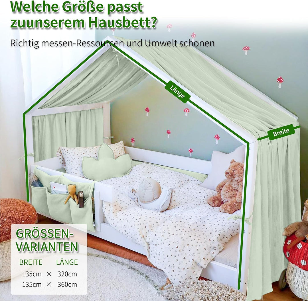 Hausbett Himmel Deko Set, Betthimmel Hausbett aus Musselin - 1 Betthimmel & 1 Wimpelkette, für Junge