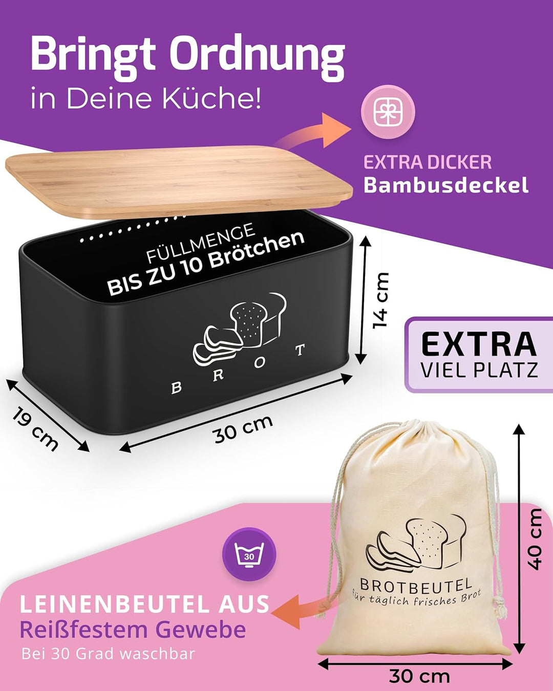 Brotkasten Schwarz – Brotbox mit Bambusdeckel als Schneidebrett [2in1 Brotbehälter]- inklusive grati