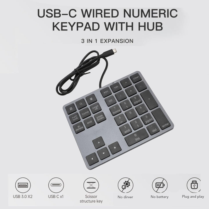 Zunate USB-C-Ziffernblock, HUB 5 Gbit/s, Kabelgebundenes Zahlentastatur-Pad, Kabelgebunden, Plam-Grö