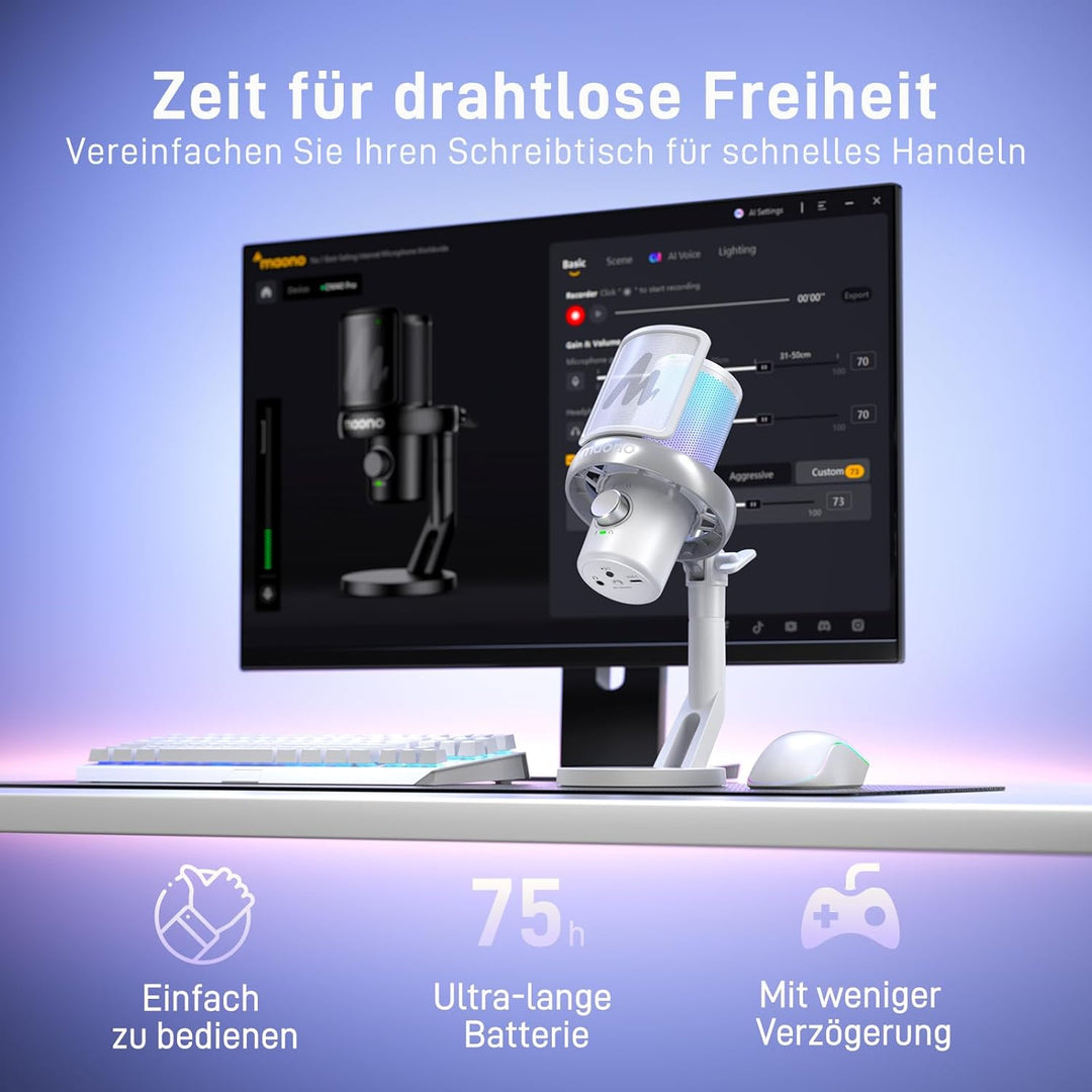 MAONO Mikrofon Kabellos für PC, Mikrofon PC mit Software-KI-Stimmänderung, 3-stufiger Rauschunterdrü