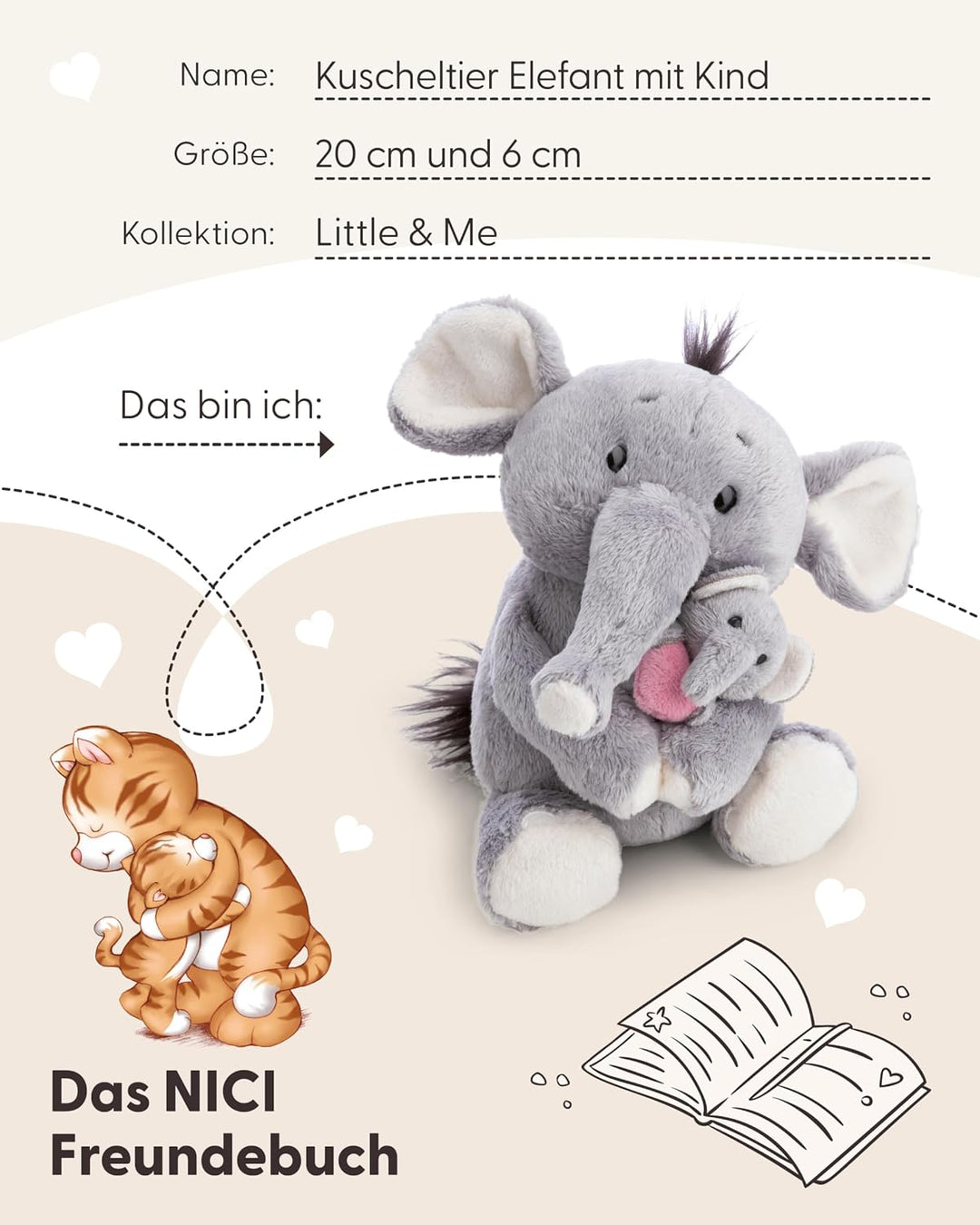 NICI Kuscheltier Elefant 20cm mit Elefantenkind 6cm - grau - Stofftier aus weichem Plüsch, niedliche