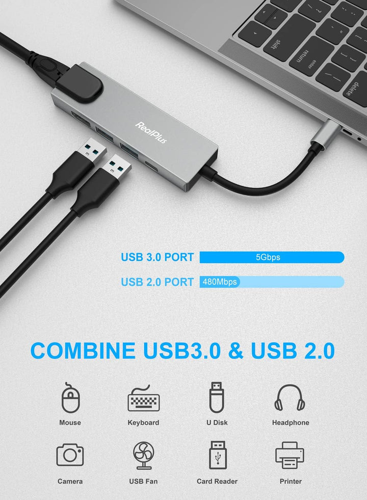 USB C Hub,RealPlus 5-in-1 USB C Adapter mit 4K HDMI, 10/100 Mbps Ethernet RJ45, 100W PD, 1 USB 3.0,1
