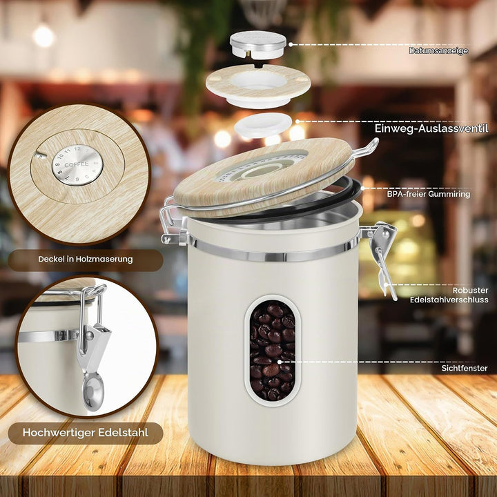 ROCKY&amp;CHAO Kaffeedose Luftdicht aus Edelstahl 1,8L Kaffeebhnen Behälter 600g Vorratsdose für Tee Nüs