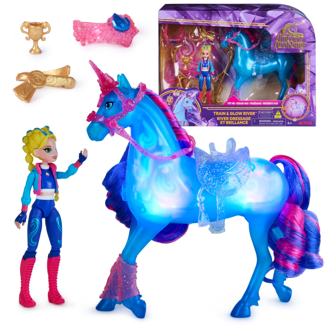 Unicorn Academy - Train and Glow River mit Isabel Set, ca 12 cm Originalfiguren zur Netflix Serie, m