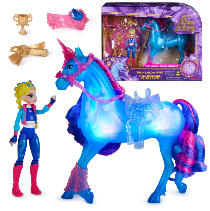 Unicorn Academy - Train and Glow River mit Isabel Set, ca 12 cm Originalfiguren zur Netflix Serie, m