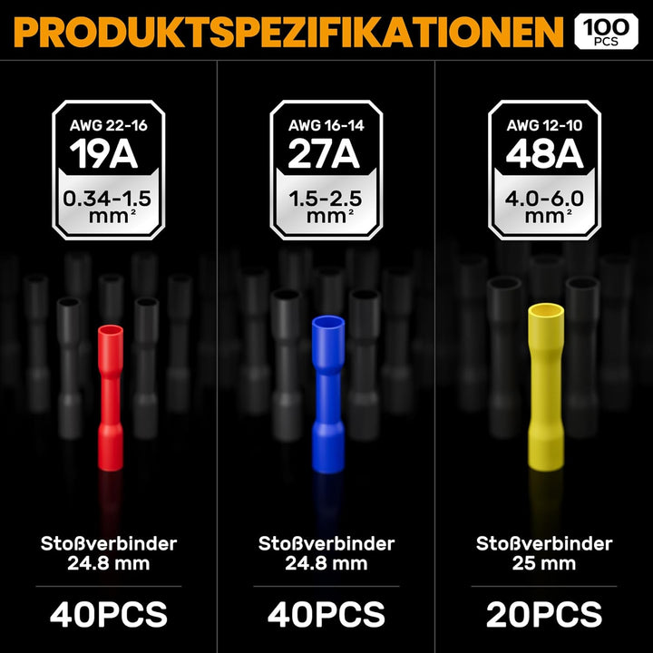 SOMELINE® Crimpzange Stossverbinder Set, 0,34-6mm² Kabelschuhzange, mit 3 Arten Isolierte Stossverbi