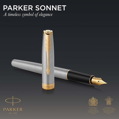 Parker Sonnet Füller | Edelstahl mit Goldzierteilen | Füllfederhalter mit feiner Feder | Geschenkbox