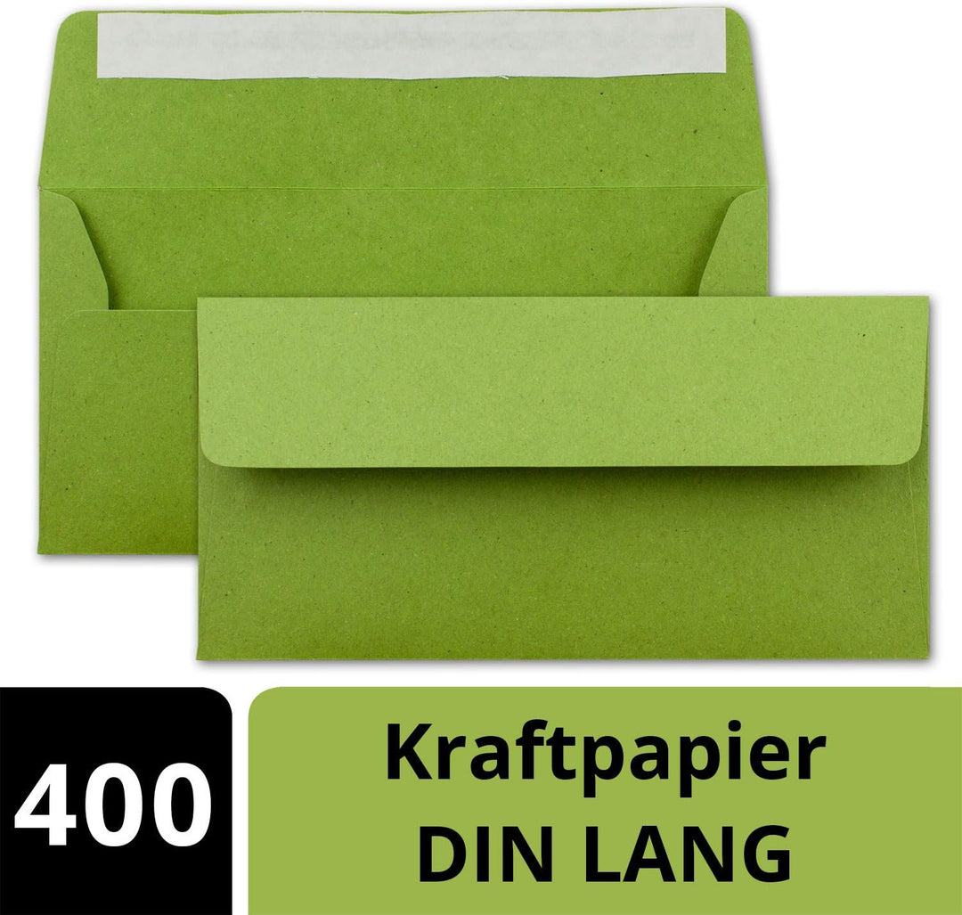 400x Kraftpapier-Umschläge DIN Lang - Hell-Grün - Haftklebung 11 x 22 cm - Brief-Umschläge aus Recyc