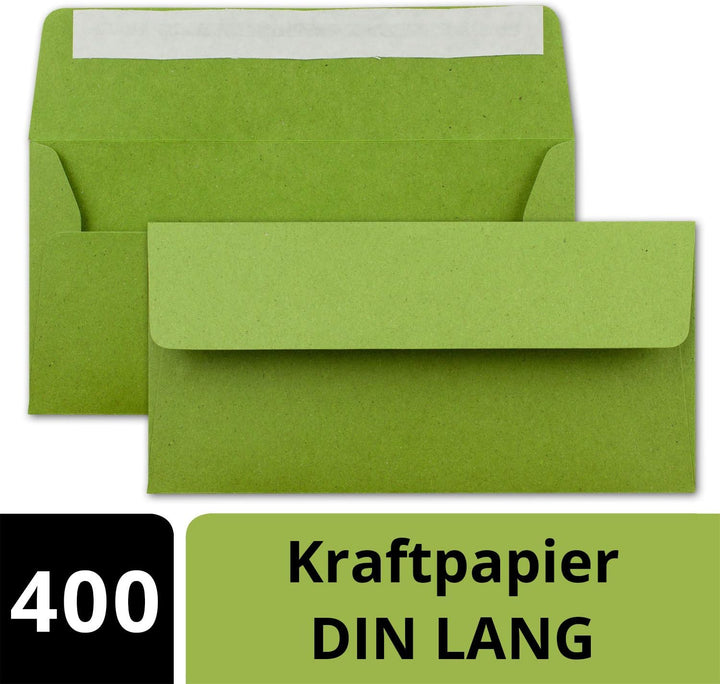 400x Kraftpapier-Umschläge DIN Lang - Hell-Grün - Haftklebung 11 x 22 cm - Brief-Umschläge aus Recyc