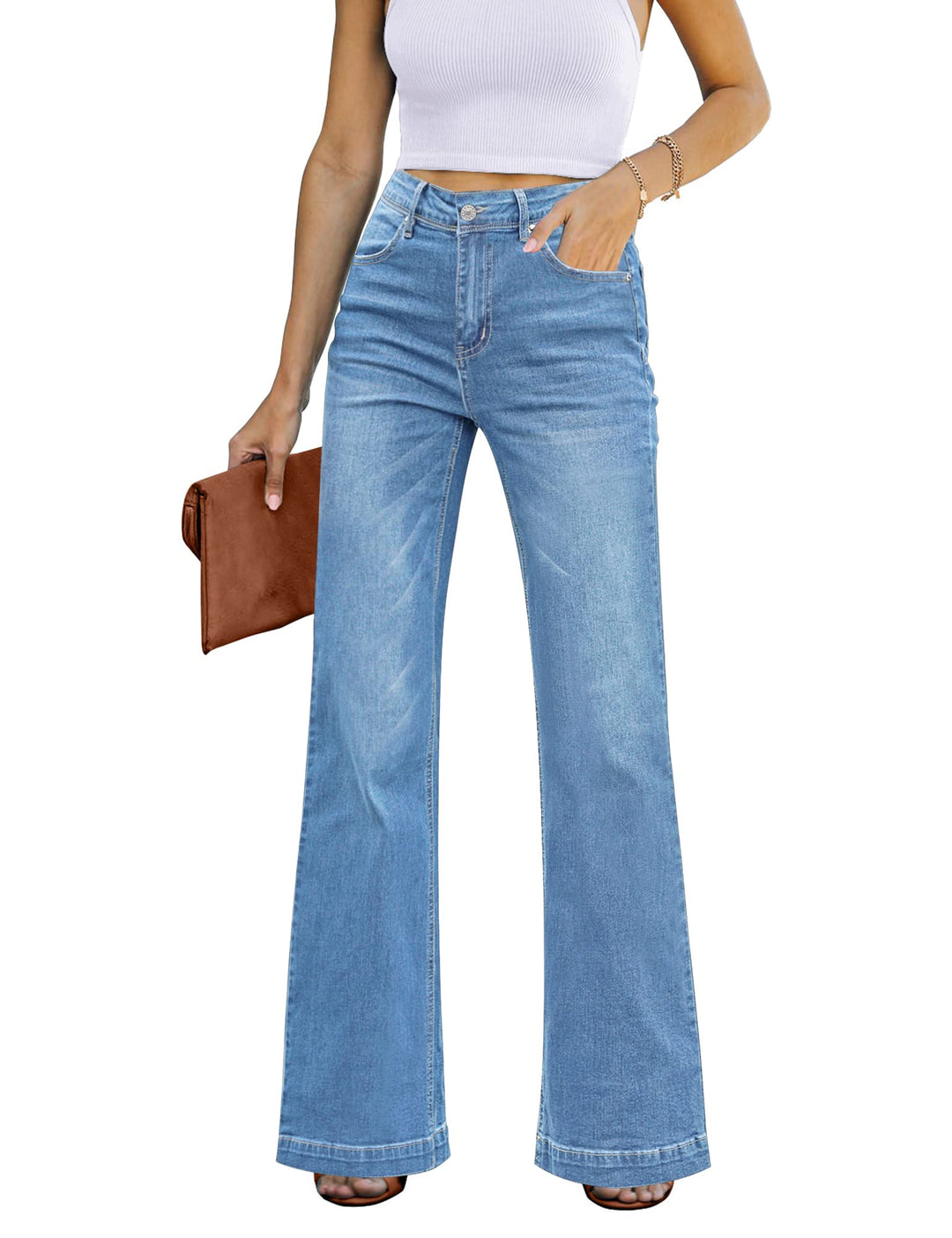Roskiky Schlaghose Damen High Waist Wide Leg Baggy Jeans Stretch Hosen S Mittelblau, S Mittelblau