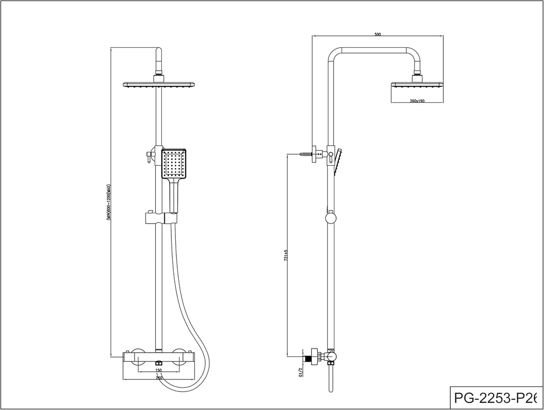 YOOZENA Duschsystem mit Thermostat, Regenduschkopf 26x19 cm, Handbrause, Chrom, Kupfer, höhenverstel