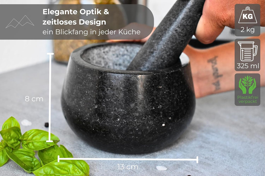 BERGART Mörser mit Stössel – Edler Mörser aus hochwertigem Granit mit extra langem Stössel und stabi