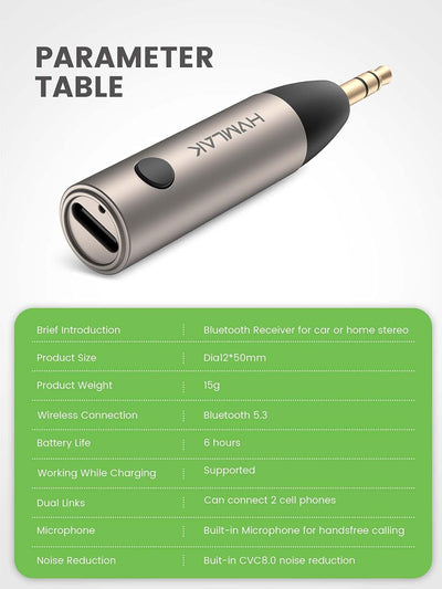 HVMLAK Aux Bluetooth Adapter Auto, Bluetooth 5.3 Empfänger [Stabile Verbindung] für Autoradio Heim-S