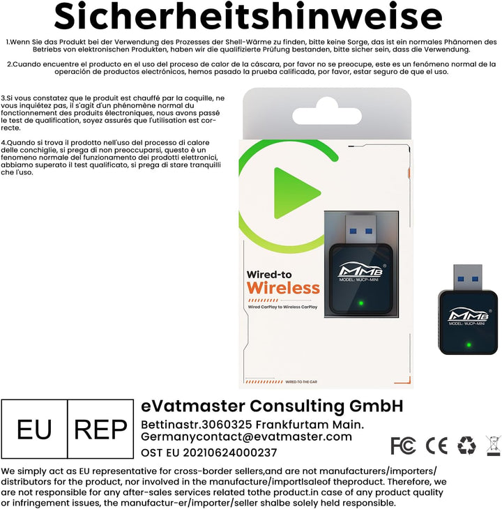 MMB WJCP-MINI CarPlay Wireless Adapter,2024 Upgrade Wireless Car Play Adapter-Dongle, Wandelt Werkse