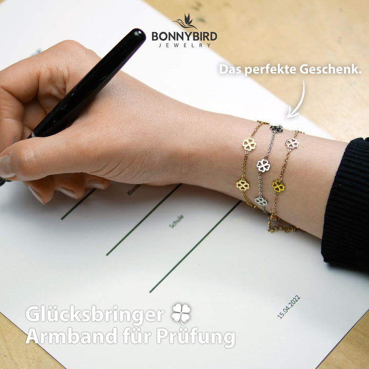 BONNYBIRD® Kleeblatt Armband Glücksbringer Prüfung aus Premium Edelstahl BonnyBliss, 100% Wasserfest