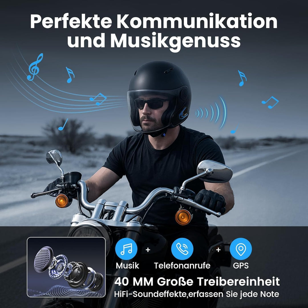 KT1 Motorrad Bluetooth 5.4 Kopfhörer, Motorrad Headset mit DSP & CVC Dual Geräuschunterdrückung, Mot