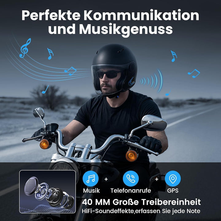 KT1 Motorrad Bluetooth 5.4 Kopfhörer, Motorrad Headset mit DSP & CVC Dual Geräuschunterdrückung, Mot