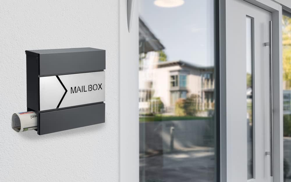 MONZANA® Design Briefkasten Stahl anthrazit mit Zeitungsfach 2 Schlüssel Zeitungsrolle Wandbriefkast