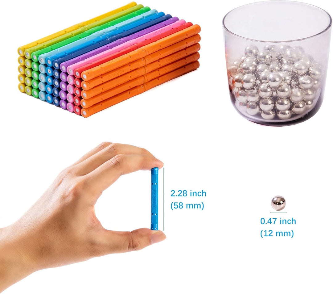 BANBBY 145 Stück Magnetspielzeug, 58mm Baustäbe Set für Kinder, Magnetspiel, 10 Farben Rainbow, Rain