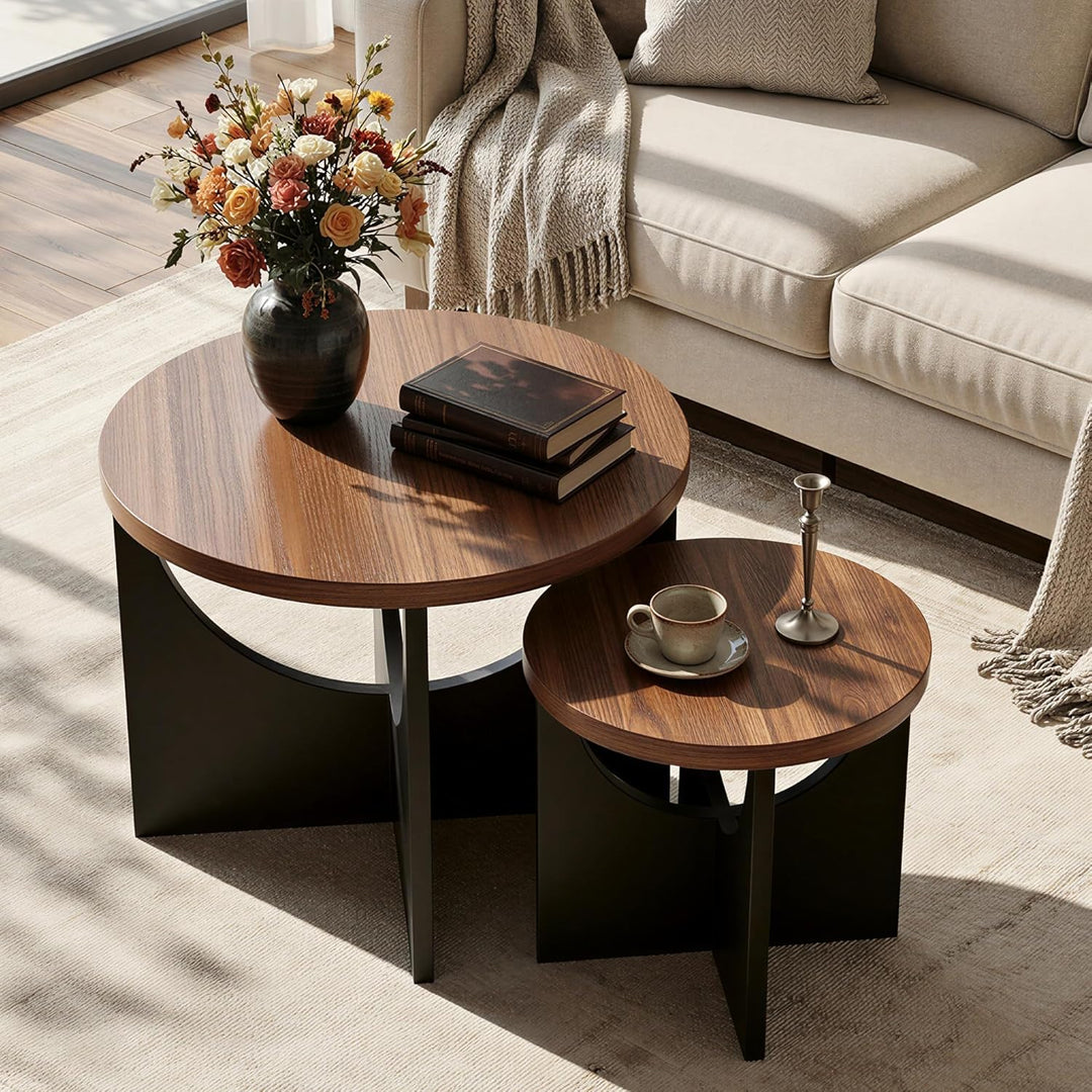 IRONCK Nestingtisch Set aus 2, Couchtisch rund, Moderner Couchtisch aus Holz für Wohnzimmer & Schlaf