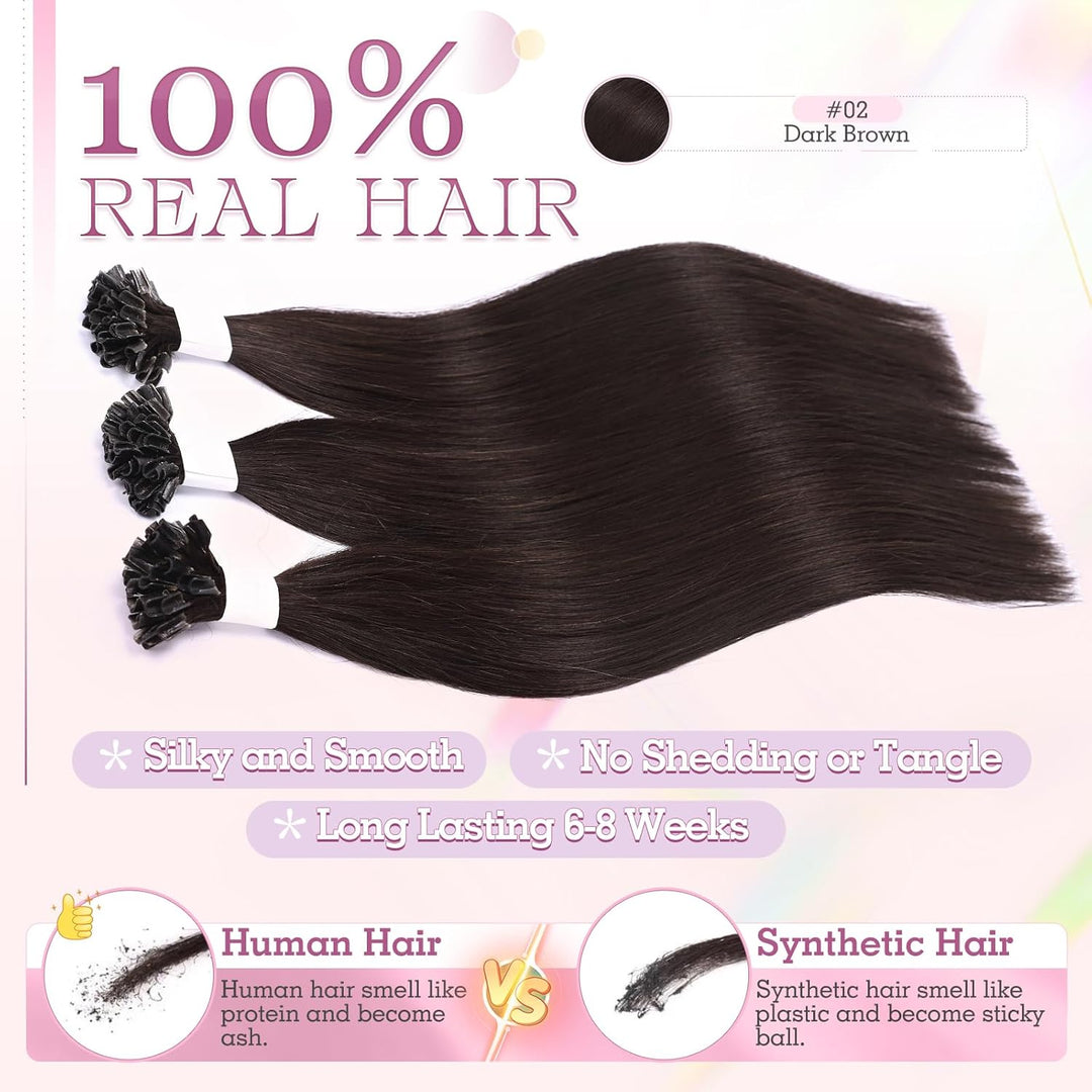 Elailite Bonding Extensions Echthaar Dunkelbraun 25 Strähnen 25g Haarverlängerung Glatt U Tip Kerati