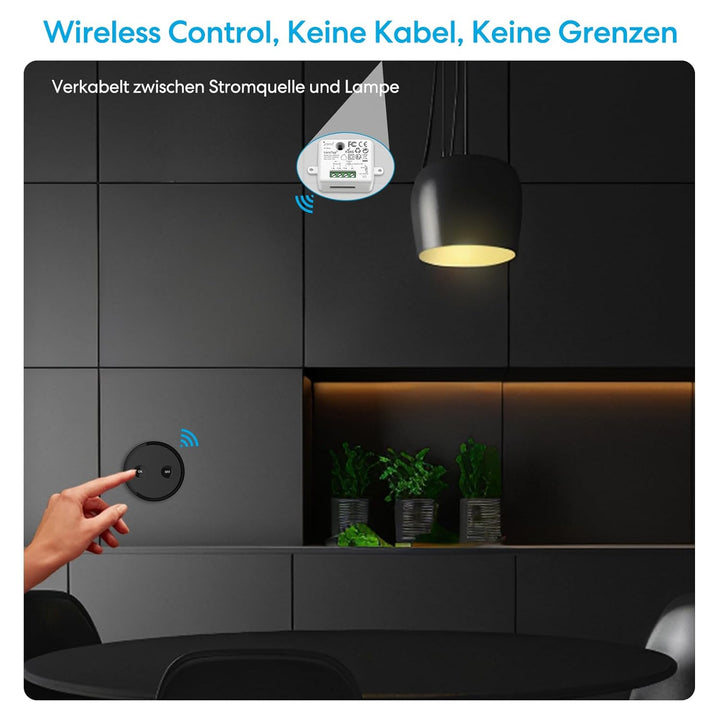 LoraTap Funk Lichtschalter Set mit 1 schwarzer Fernbedienung und 1 Empfänger, 230V Funk Einbauschalt