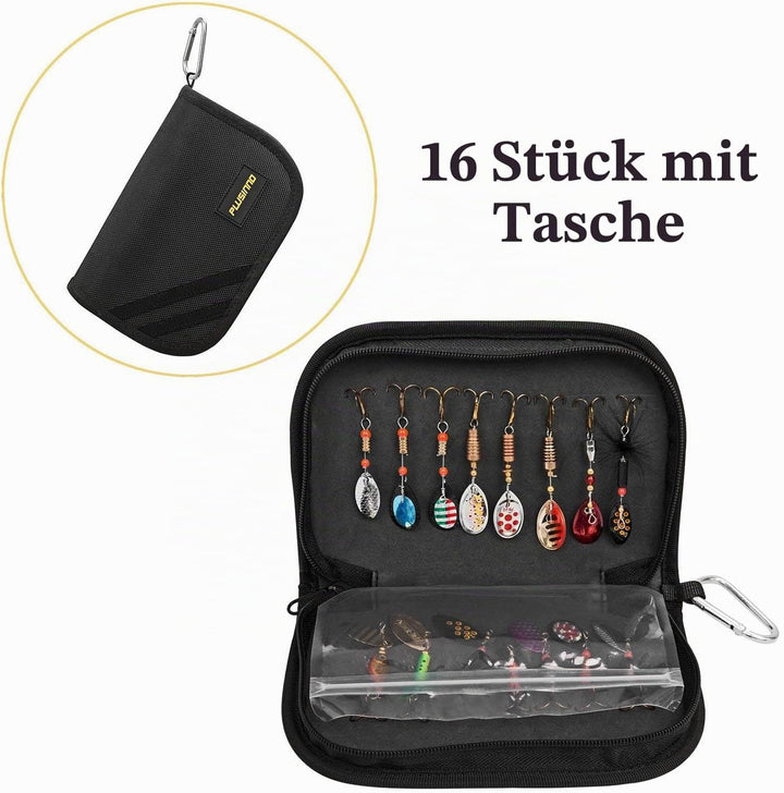 PLUSINNO Angelköder für Barsch, 16 Spinnerköder mit tragbarer Tragetasche, Barschköder, Forellenköde