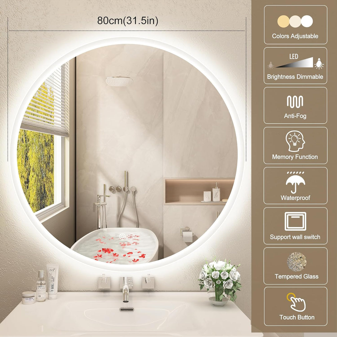 STARLEAD Rund-LED-Badspiegel-mit-Beleuchtung 80cm, Runder-Badezimmerspiegel mit Dimmbar, 3 Farbtempe