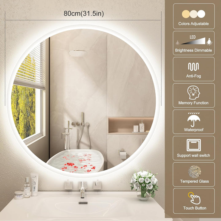 STARLEAD Rund-LED-Badspiegel-mit-Beleuchtung 80cm, Runder-Badezimmerspiegel mit Dimmbar, 3 Farbtempe